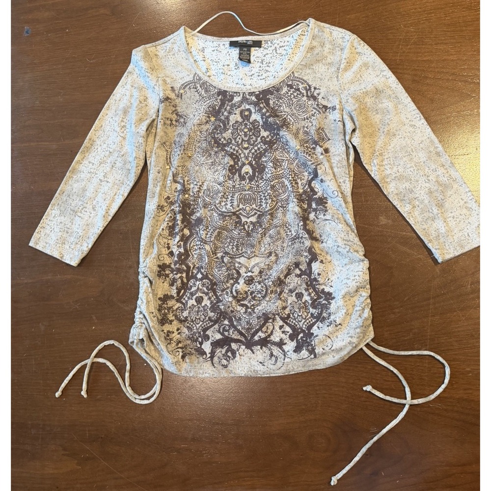 Style & Co Petite PS Gray Paisley Ruched Side 3/4 Sleeve Knit Top Women's Small